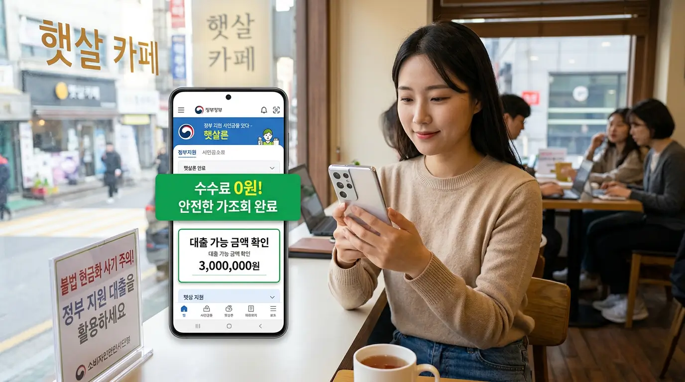 스마트폰으로 수수료 0원인 안전한 정부 지원 소액 대출을 가조회하여 불법 현금화 사기를 피하는 현명한 소비자의 모습