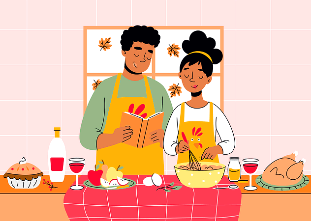 주방 식탁 앞에 두 남녀가 서서 요리를 하고 있다. 식탁에는 칠면조와 푸딩, 밀가루반죽이 있다.