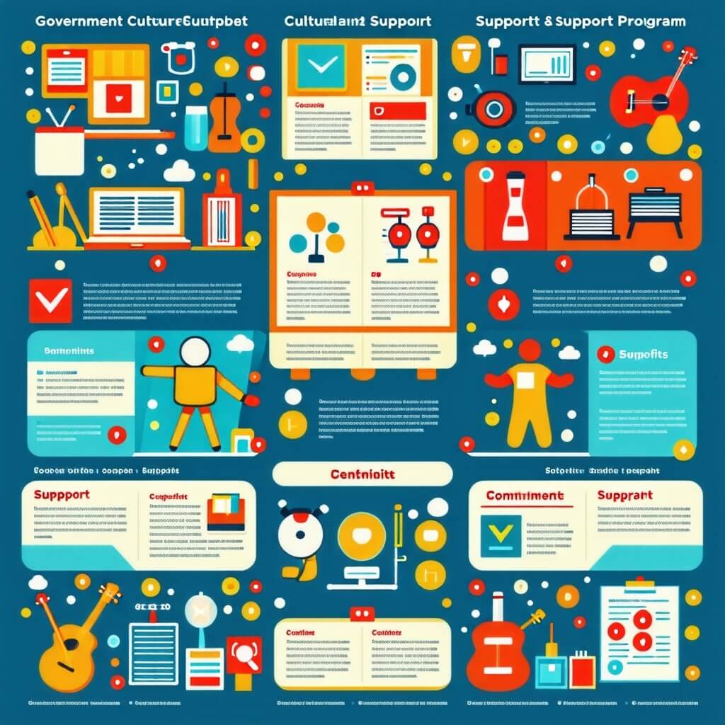 정부의 문화체육 지원 프로그램 소개를 위한 인포그래픽. 지원 내용 및 혜택을 간단히 정리.