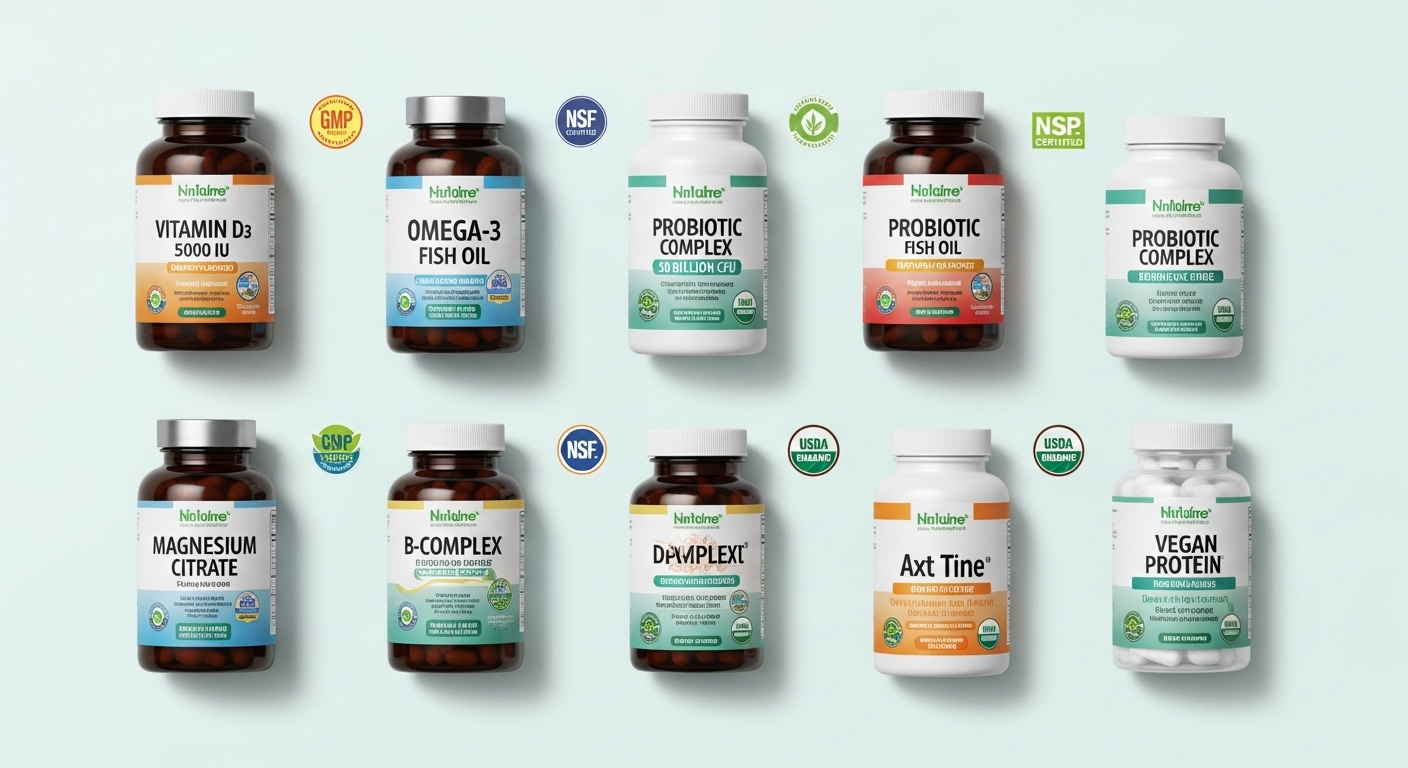 다양한 영양제 제품들이 나란히 놓여있고, GMP 인증 마크가 보이는 모습. 신뢰할 수 있는 영양제 선택의 중요성을 강조합니다.
