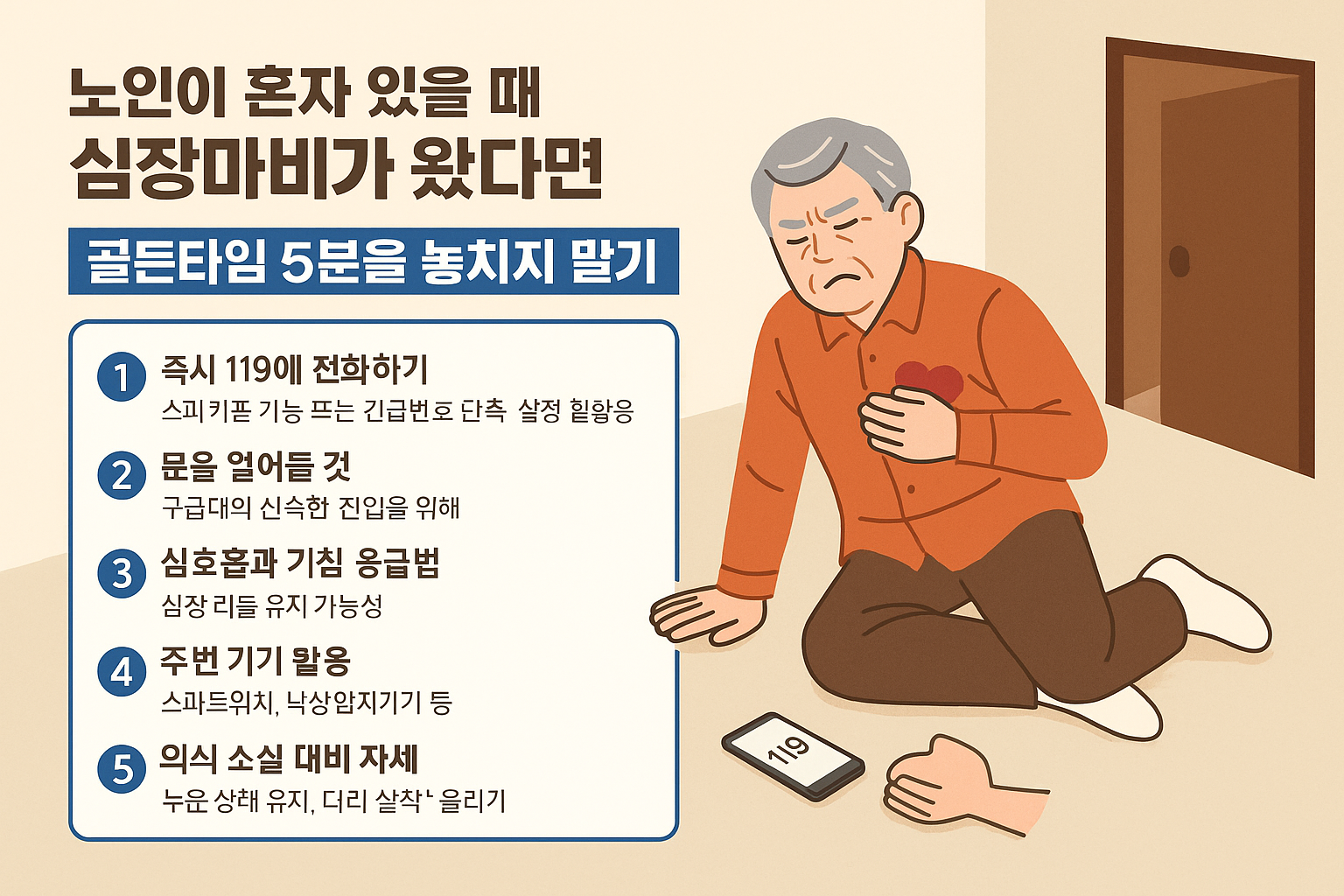 노인 심장마비 자가 인식 및 구조 요청법 (응급대처, 고령자, 심장마비)