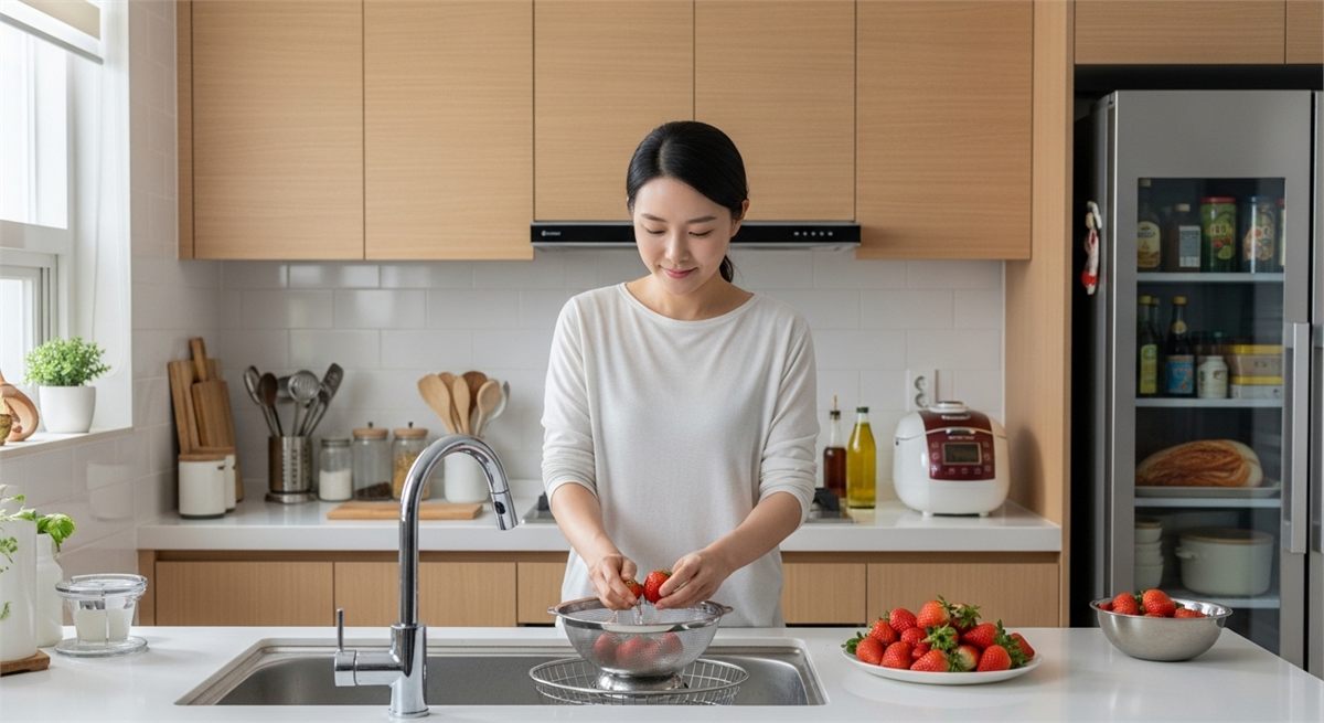 지금 먹을 양만 따로 씻어 준비하는 한국형 주방 장면