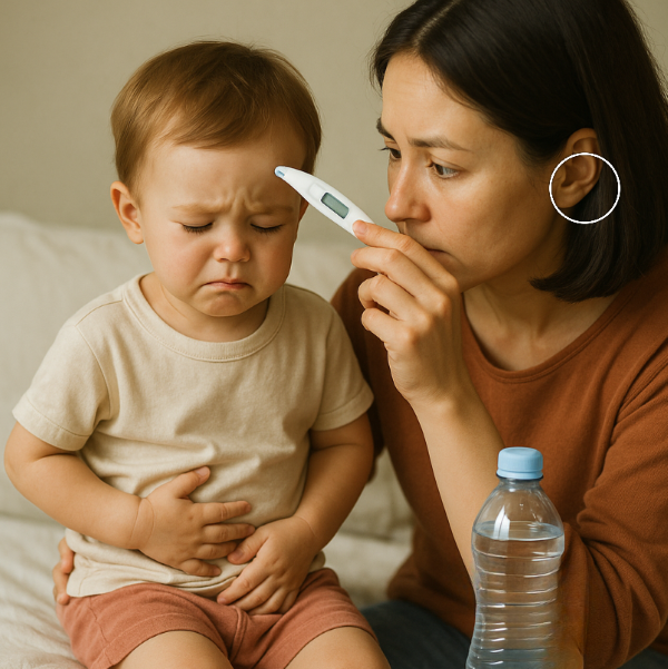 복통을 호소하는 유아의 체온을 측정하며 간호하는 엄마의 모습. 옆에는 수분 보충을 위한 생수병이 놓여 있음. 유아 장염 대처 상황을 표현한 장면.