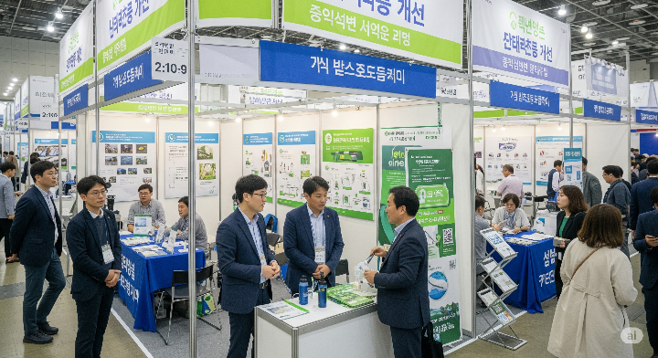 다양한 친환경 기술 및 제품이 전시된 부스들의 모습, 혁신적인 친환경 솔루션을 설명하는 기업 관계자와 관심 있게 듣는 관람객들