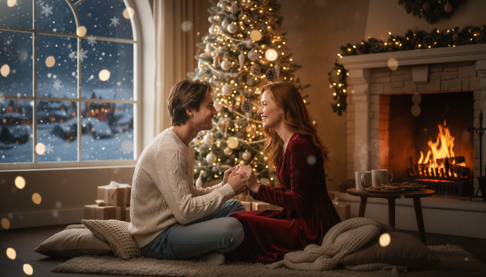 따뜻한 크리스마스 분위기 속에서 서로에게 미소 짓는 연인의 다정한 모습.
