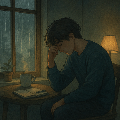 창문 너머 별빛이 비치는 밤, 의자에 앉아 마음을 지키는 남성, 불안 극복과 위로를 표현한 감성 일러스트