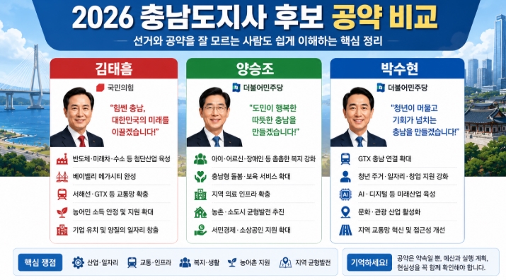 2026 충남도지사 후보 공약 비교 김태흠 양승조 박수현 핵심정리