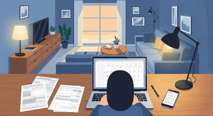 노트북과 서류를 보며 월세 연말정산을 준비하는 사람과 스마트폰의 간편 결제 앱 화면