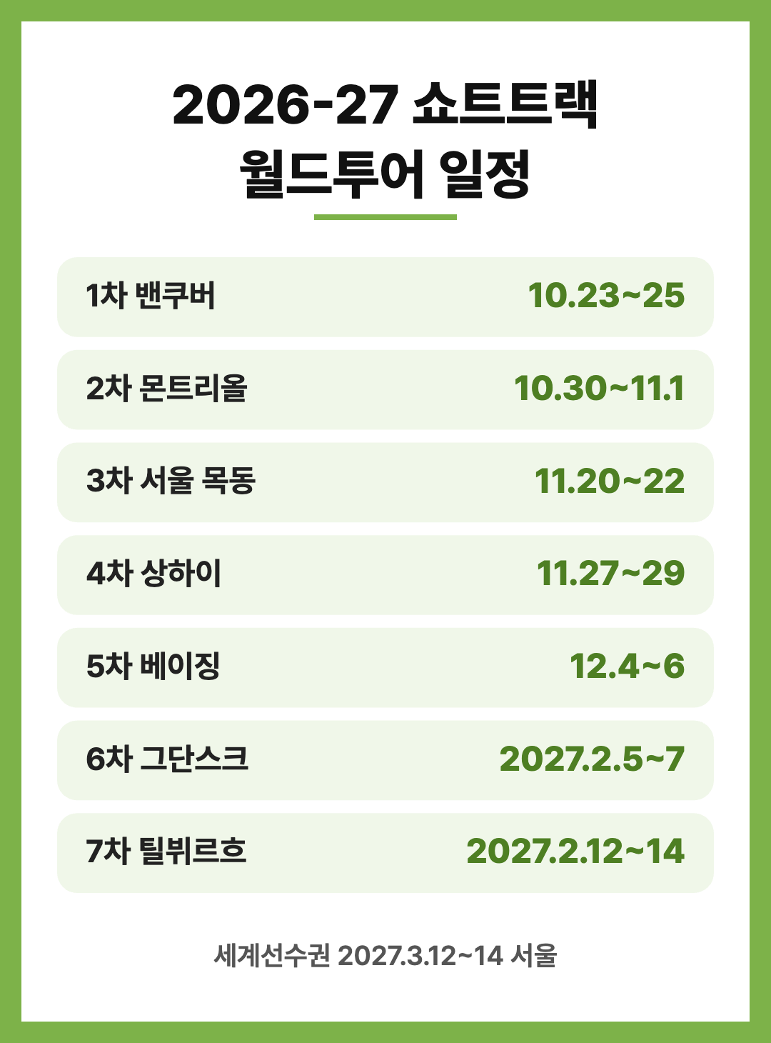 2026-27 쇼트트랙 월드투어 일정 대표팀 명단 규칙 정리