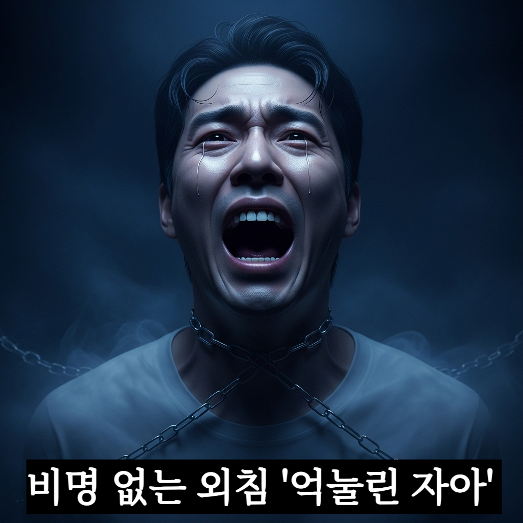 어두운 안개 속에서 한 한국인 남성이 입을 벌려 비명을 지르려 하지만 소리가 나지 않아 고립감을 느끼는 장엄하고 몽환적인 분위기의 일러스트