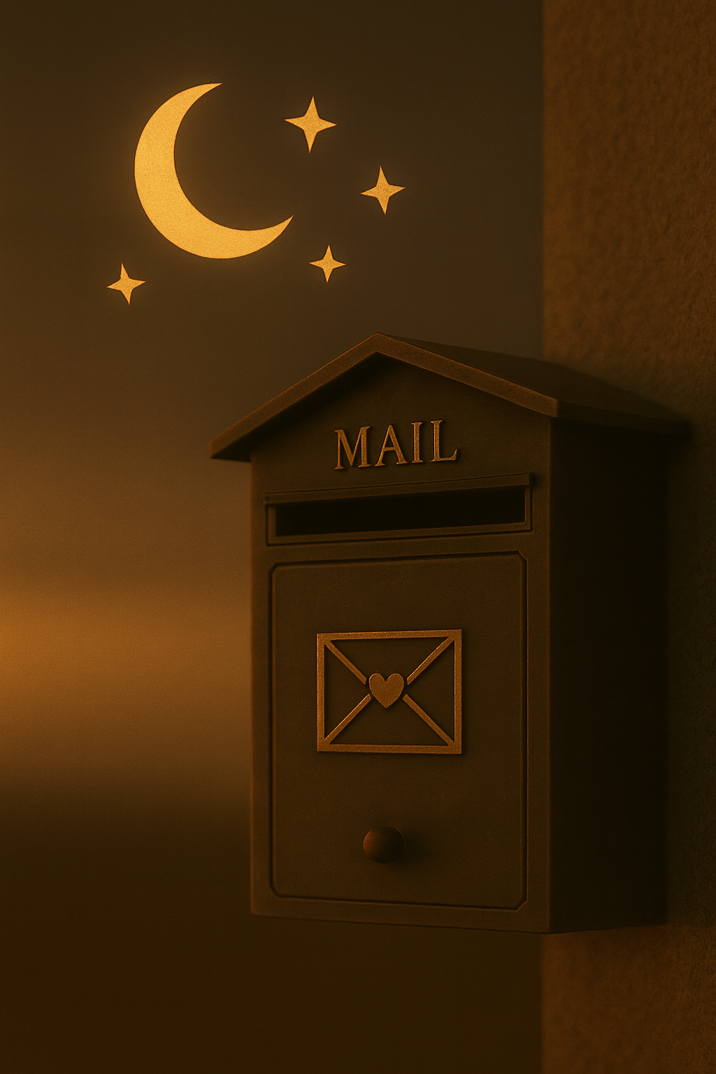 달빛 아래 조용히 놓여 있는 우편함, 누군가의 비밀스러운 마음을 기다리는 듯한 따뜻한 장면
