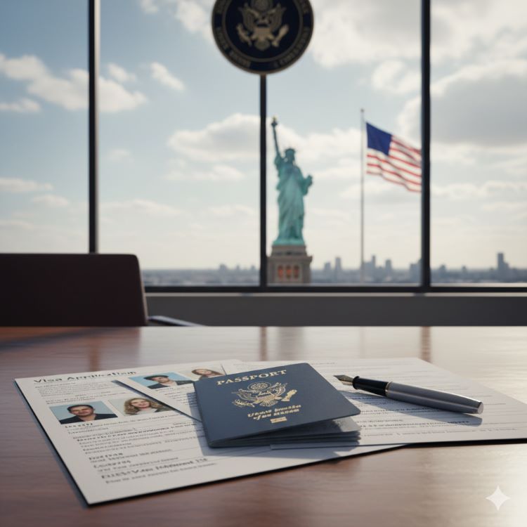 미국 대사관 건물과 비자 신청 서류, 여권이 놓인 책상. 배경에 자유의 여신상과 미국 국기가 은은히 보이며, 글로벌하고 신뢰감 있는 분위기