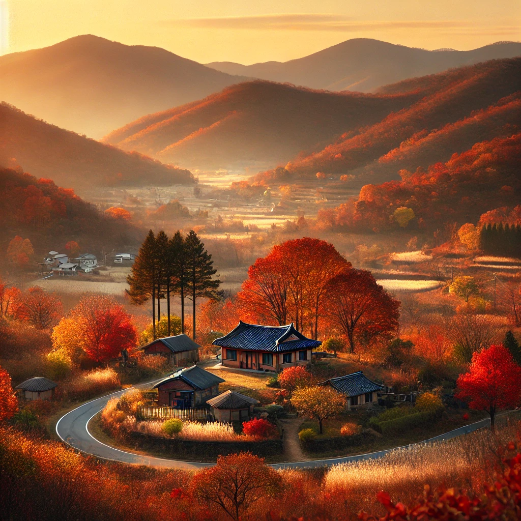 충청도의 가을 풍경, 알록달록한 단풍이 물든 언덕과 전통 한국 가옥이 있는 고요한 시골 마을, 맑은 하늘과 부드러운 햇빛이 비치는 평온한 자연 경관