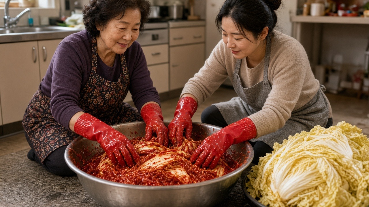 큰 스테인리스 대야에 빨간 김장 양념을 버무리는 60대 어머니와 딸