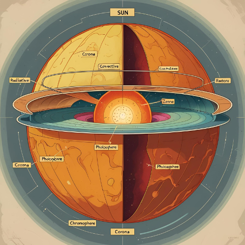 태양의 내부를 구조적으로 보여주는 일러스트