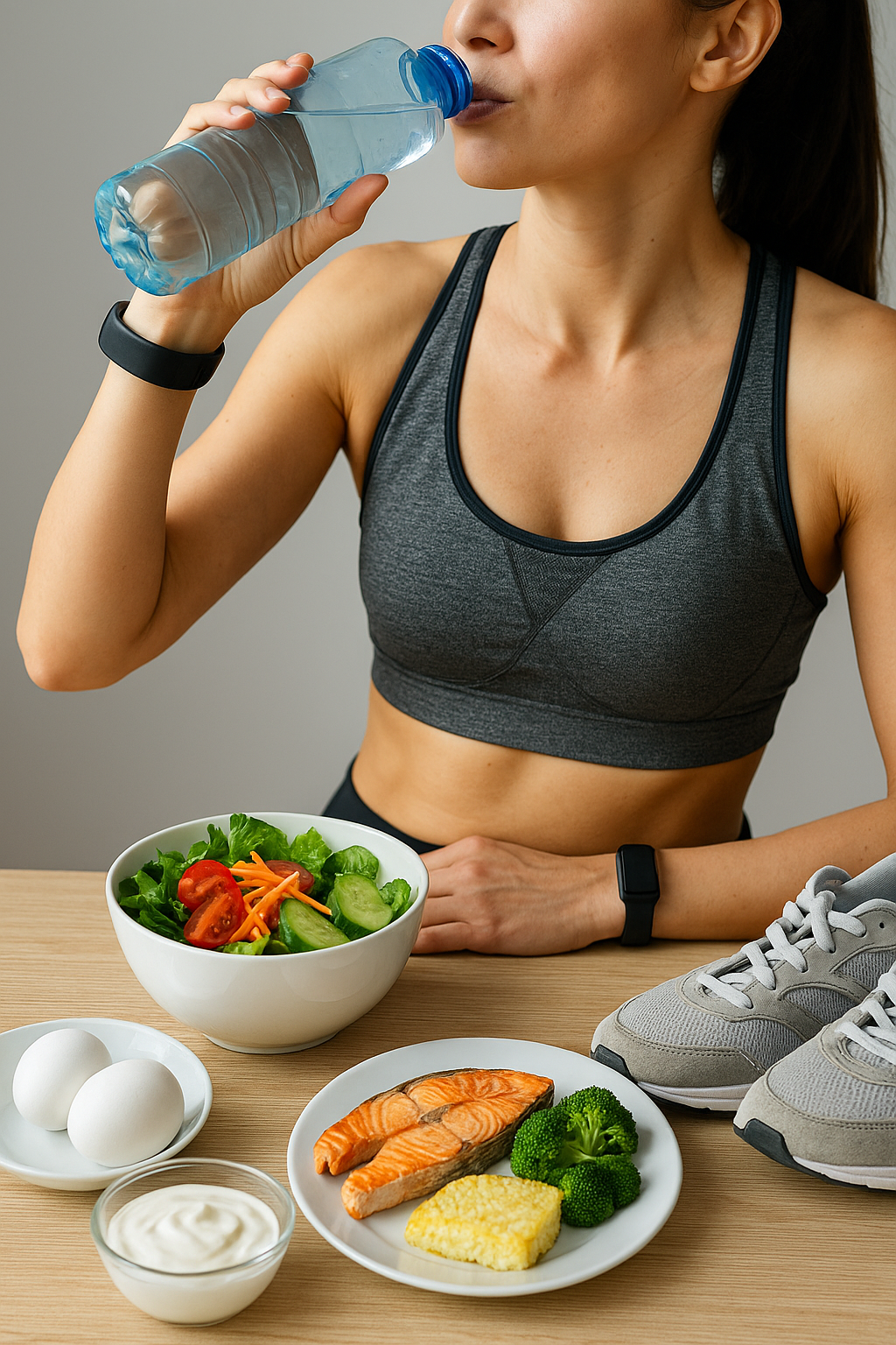 건강한 음식이 앞에 있고 운동복 차림의 여자가 물을 마시는 모습