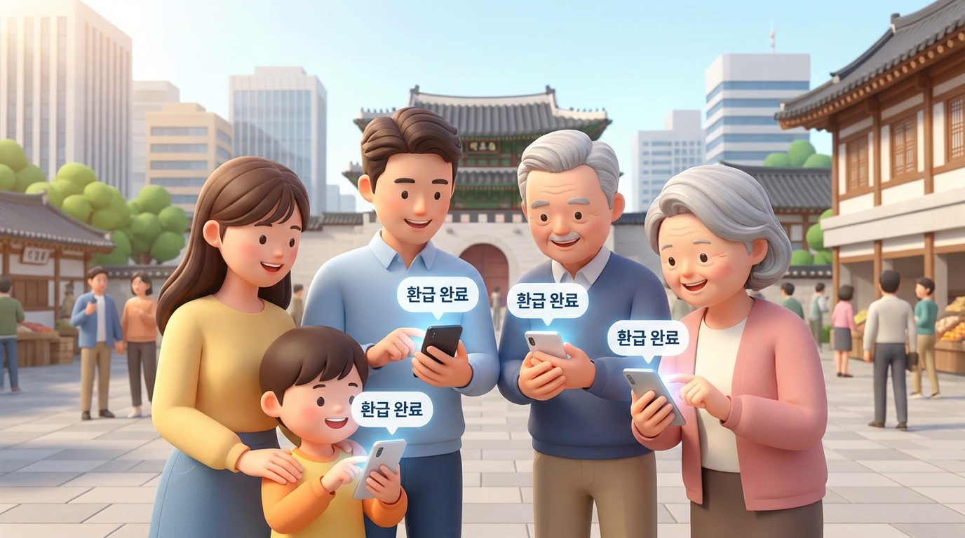 통신비 환급금 대상자 여부를 확인하고 즐거워하는 사용자들의 모습