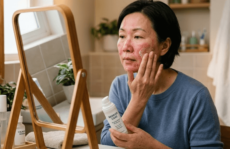 주사 피부염을 앓고 있는 중년 여성이 피부 장벽 강화를 위한 세라마이드 보습제 꼼꼼히 바르고 있다