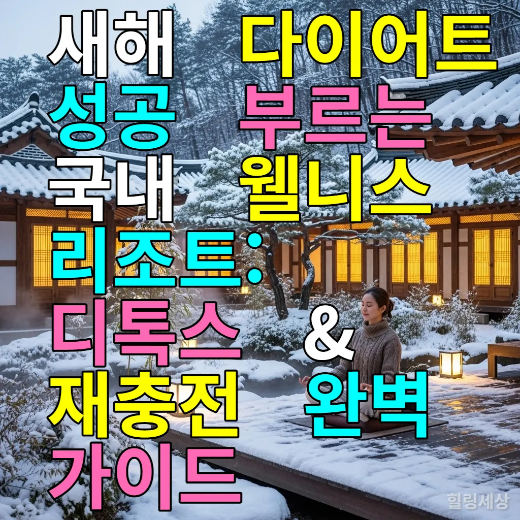겨울 설경 속 국내 웰니스 리조트에서 명상하는 여성