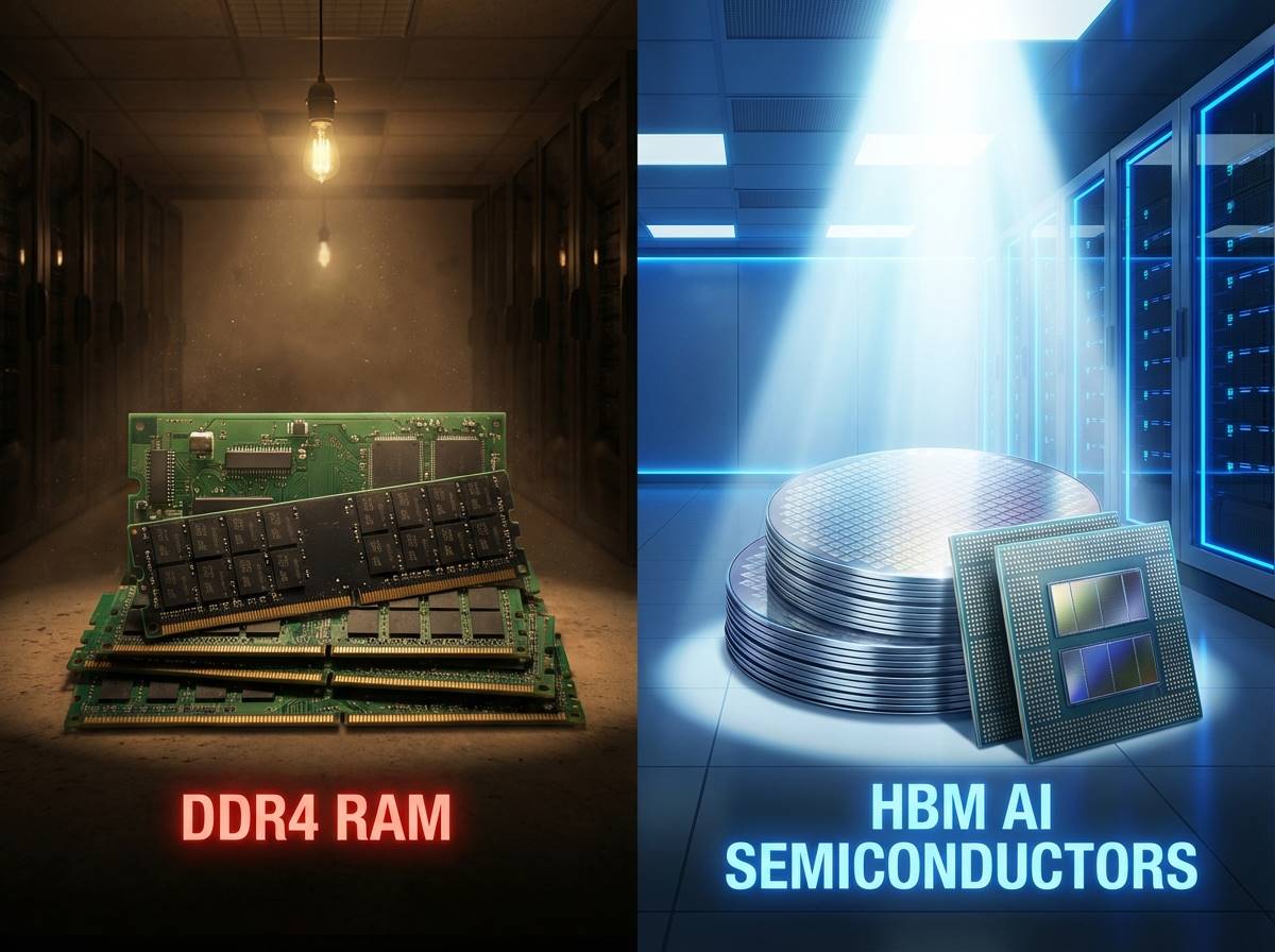 낡은 컴퓨터 부품(DDR4)과 최신 AI 반도체(HBM)가 대비되는 이미지, 한쪽은 어둡고 한쪽은 밝게 빛나는 시각적 효과