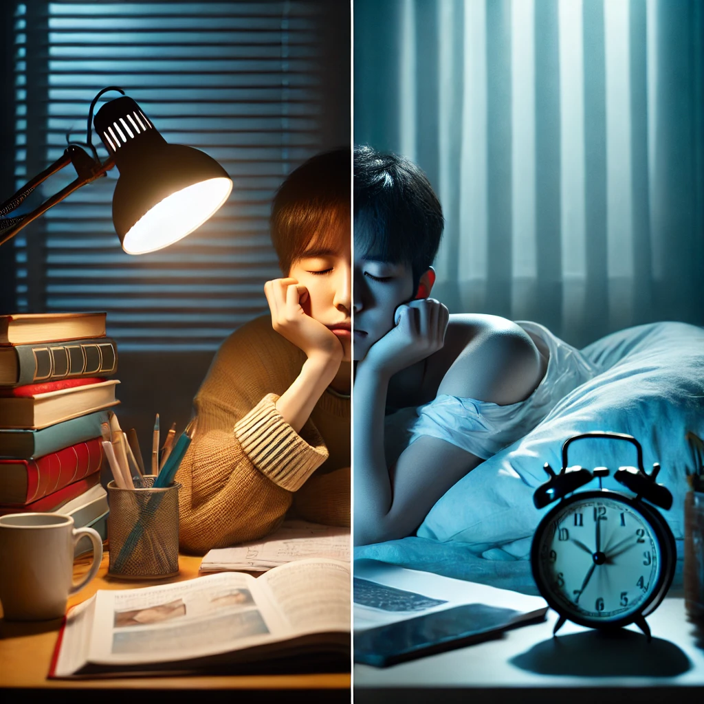 책상 앞에서 꾸벅꾸벅 졸고 있는 학생 / 편안하게 숙면 중인 청소년의 모습