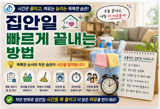 집안일 효율적으로 빠르게 끝내는 방법을 설명하는 이미지