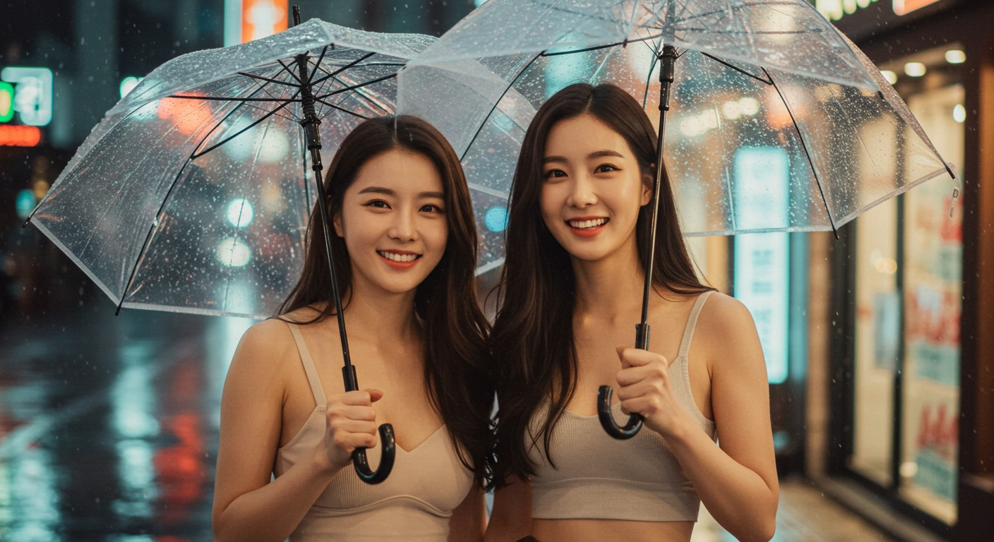 비오는 날 우산을 쓰고있는 두 여성