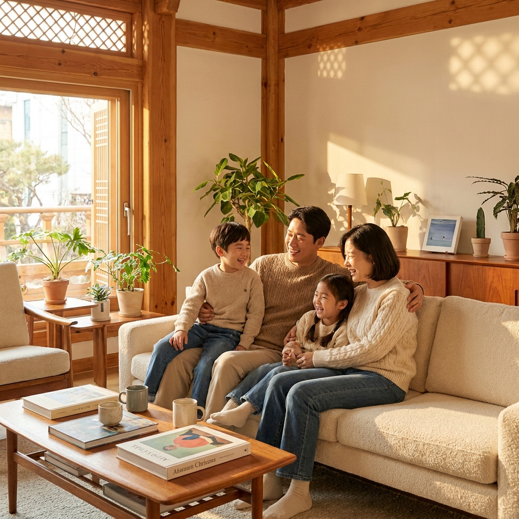 따사로운 오후 햇살이 드리우는 세련되고 아늑한 거실에서, 서로를 안아주며 환하게 웃고 있는 대한민국의 평화롭고 단란한 4인 가족의 모습. 테이블 위에는 따뜻한 차와 정성스레 장식된 화분이 배치되어 있으며, 세상 어떤 경제적 불안 요소에도 흔들리지 않는 인생 최고의 무형 자산인 가족 공동체의 진정한 정서적 풍요와 가치저장의 아름다운 조화를 다정하게 연출한 8k 라이프스타일 사진.