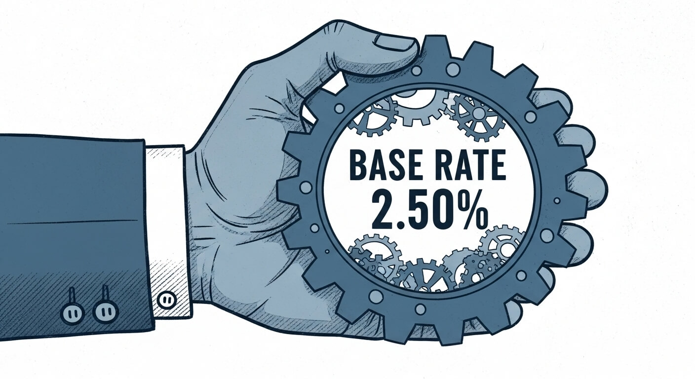 손에 기어를 들고 있고 base rate 2.5%라고 써있다