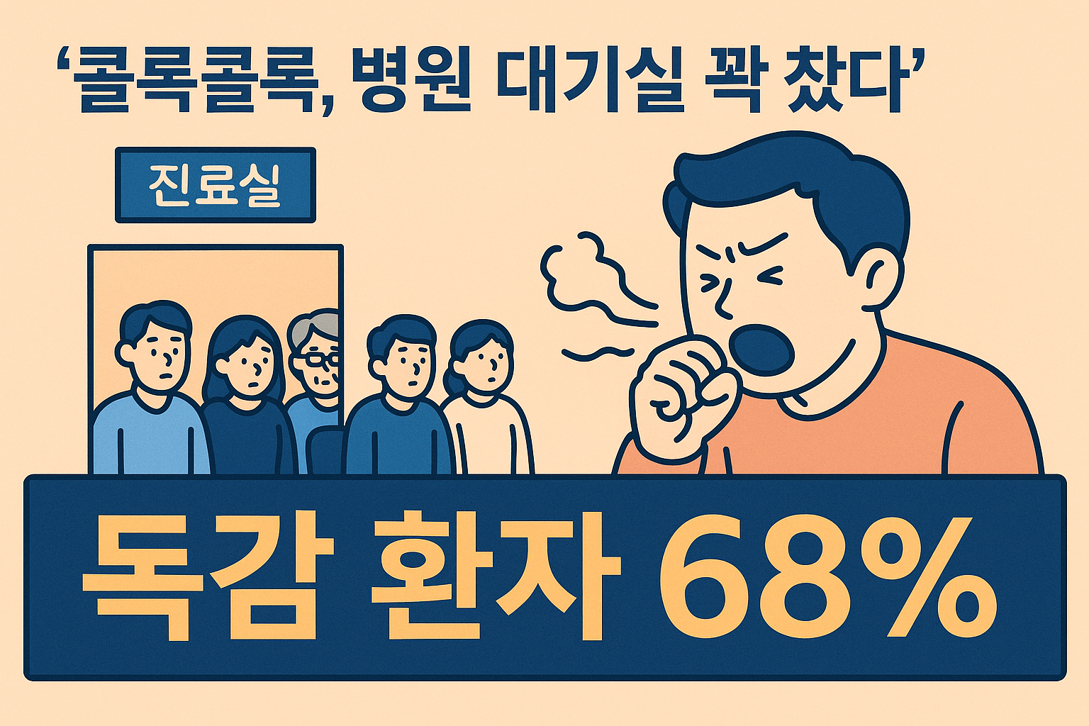 독감 환자 급증 뉴스 그래픽, 병원 대기실과 기침하는 사람들을 묘사한 이미지, ‘독감 환자 68% 증가’ 문구 강조