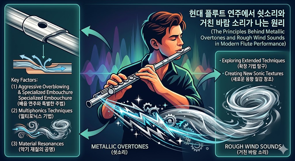 현대 플루트 연주에서 쇳소리와 거친 바람 소리가 나는 원리