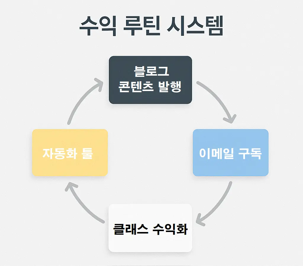 블로그, 이메일, 자동화 툴이 연결된 수익 루틴 시스템 다이어그램