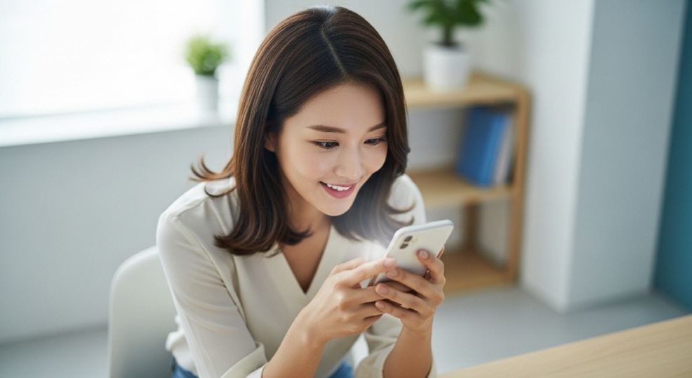 본인인증을 위해 휴대폰을 확인하는 여성