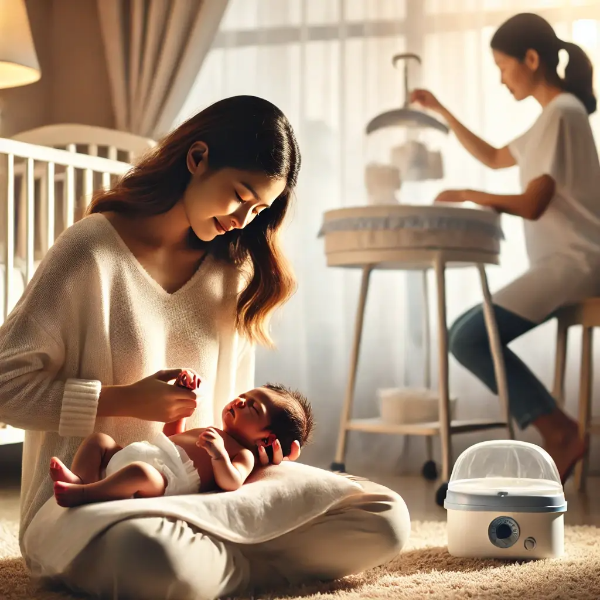 산후 산모와 신생아가 따뜻한 분위기에서 케어 받는 장면