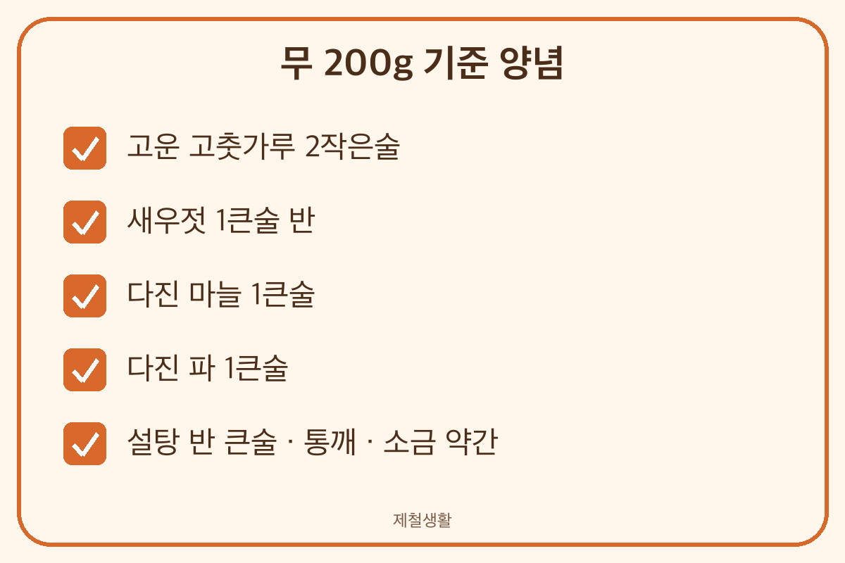 무생채 만들기 재료 무 200g 고춧가루 새우젓 마늘 파 설탕