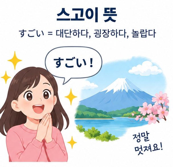 스고이 뜻과 일본어 すごい의 대단하다 굉장하다 놀랍다 의미를 설명한 일본어 학습 이미지