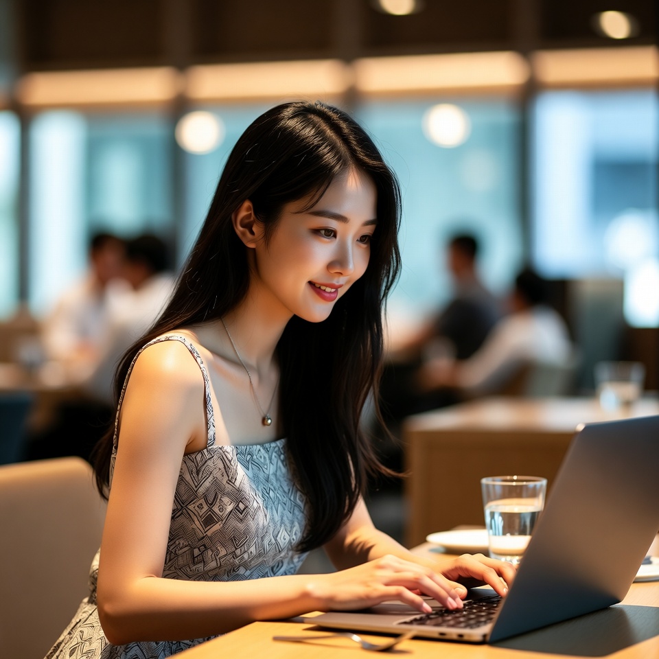 젊은 여성이 랩탑으로 국민행복카드 발급방법 보는 모습