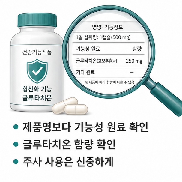 글루타치온 제품을 고를 때 실제 함량과 건강기능식품 기능성 원료를 확인해야 함을 안내한 이미지