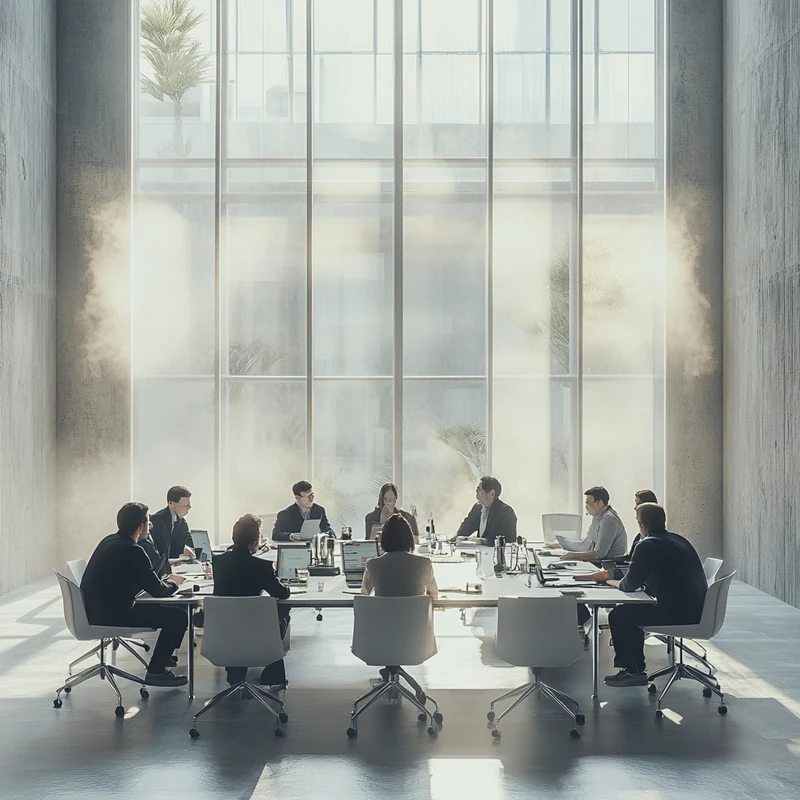 투자자들이 현대적 회의실에서 월배당 ETF 수익률을 비교하며 협력적 지능과 결정력을 발휘하는 모습을 담고 있다.