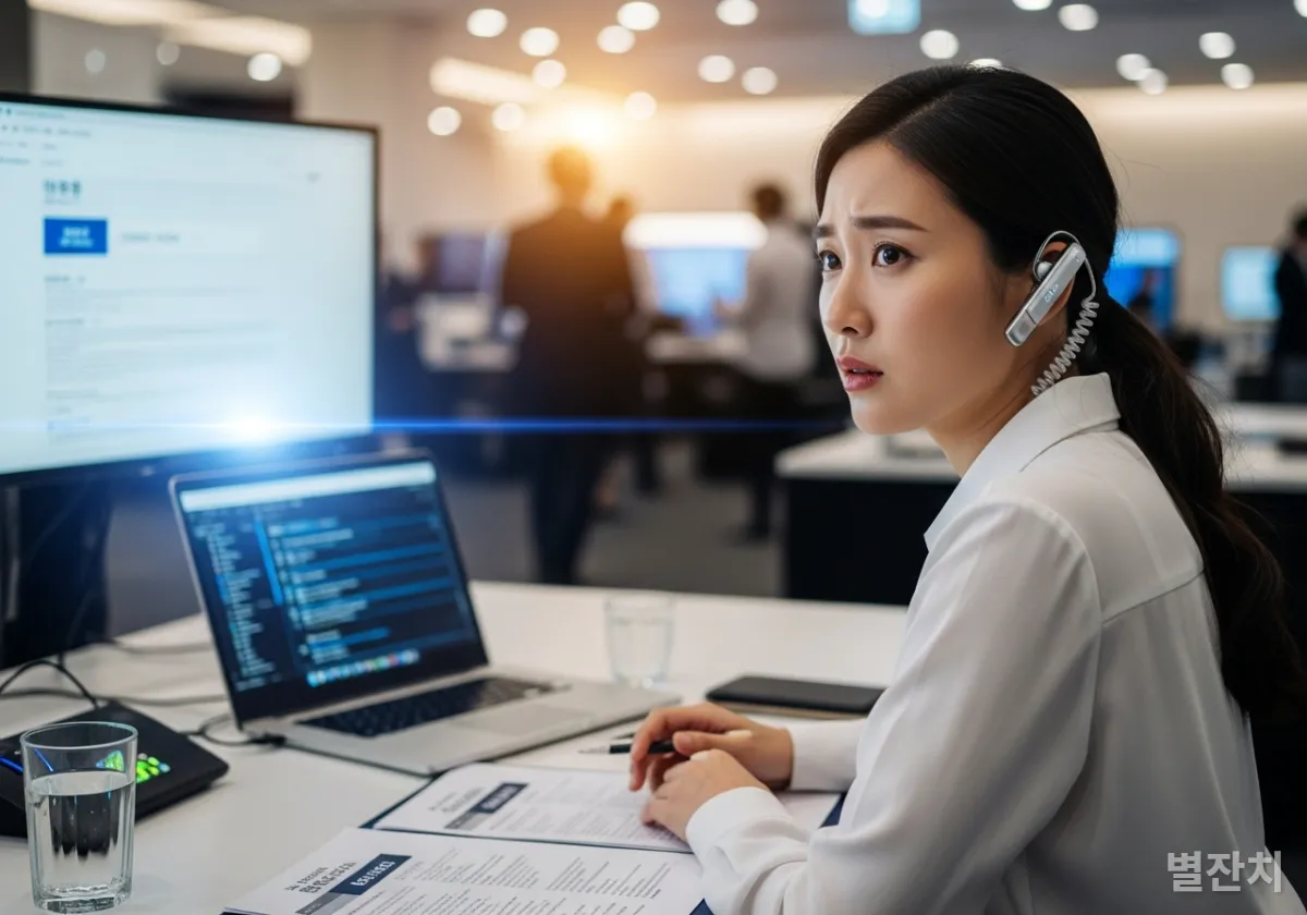 빈 개발자 책상과 AI 통번역기를 사용하는 한국인 번역가의 모습 비교