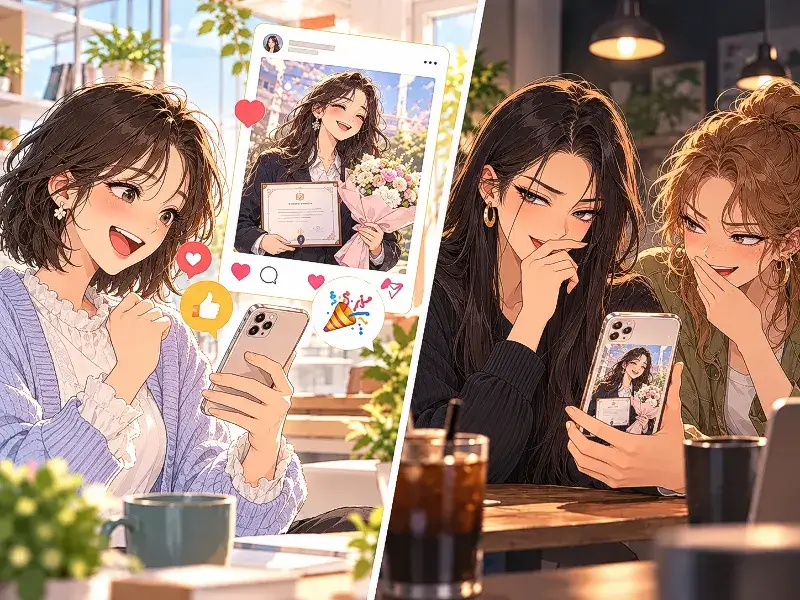 Pyoribudong (表裏不同), a Korean four-character idiom illustrating two-faced behavior on social media, where a woman celebrates her friend's success online while others secretly mock her achievement behind her back.
