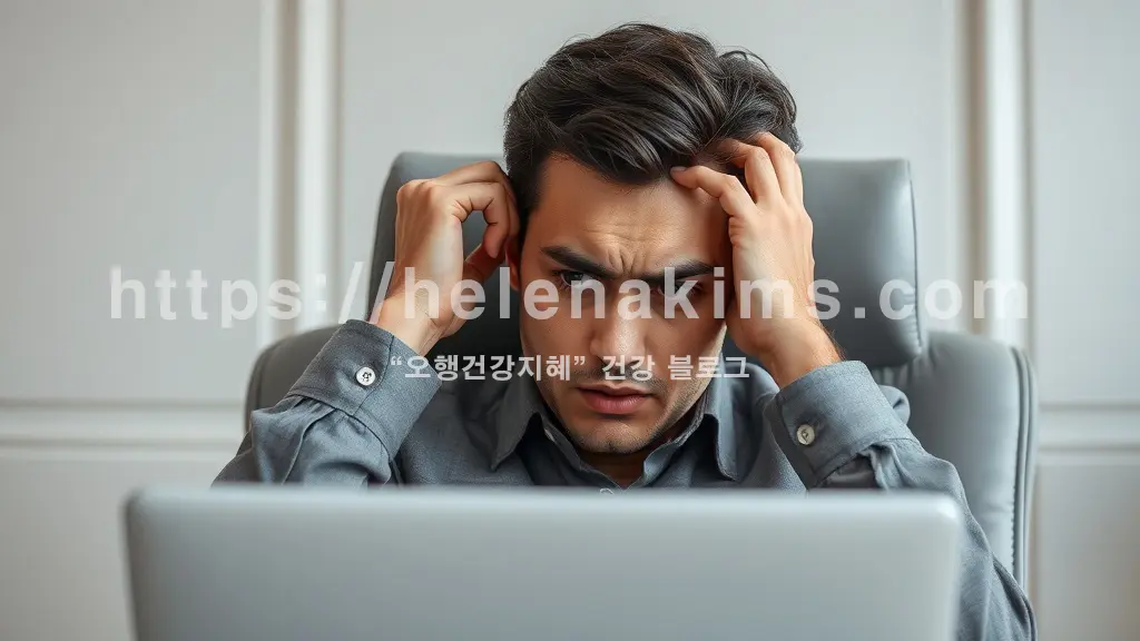 사무실 의자에 앉아 노트북 화면을 응시하며 지쳐 보이는 사람, 한 손으로는 머리를 지탱하거나 미간을 살짝 찌푸린 표정으로 스트레스와 피로감을 나타내는 사람 이미지.