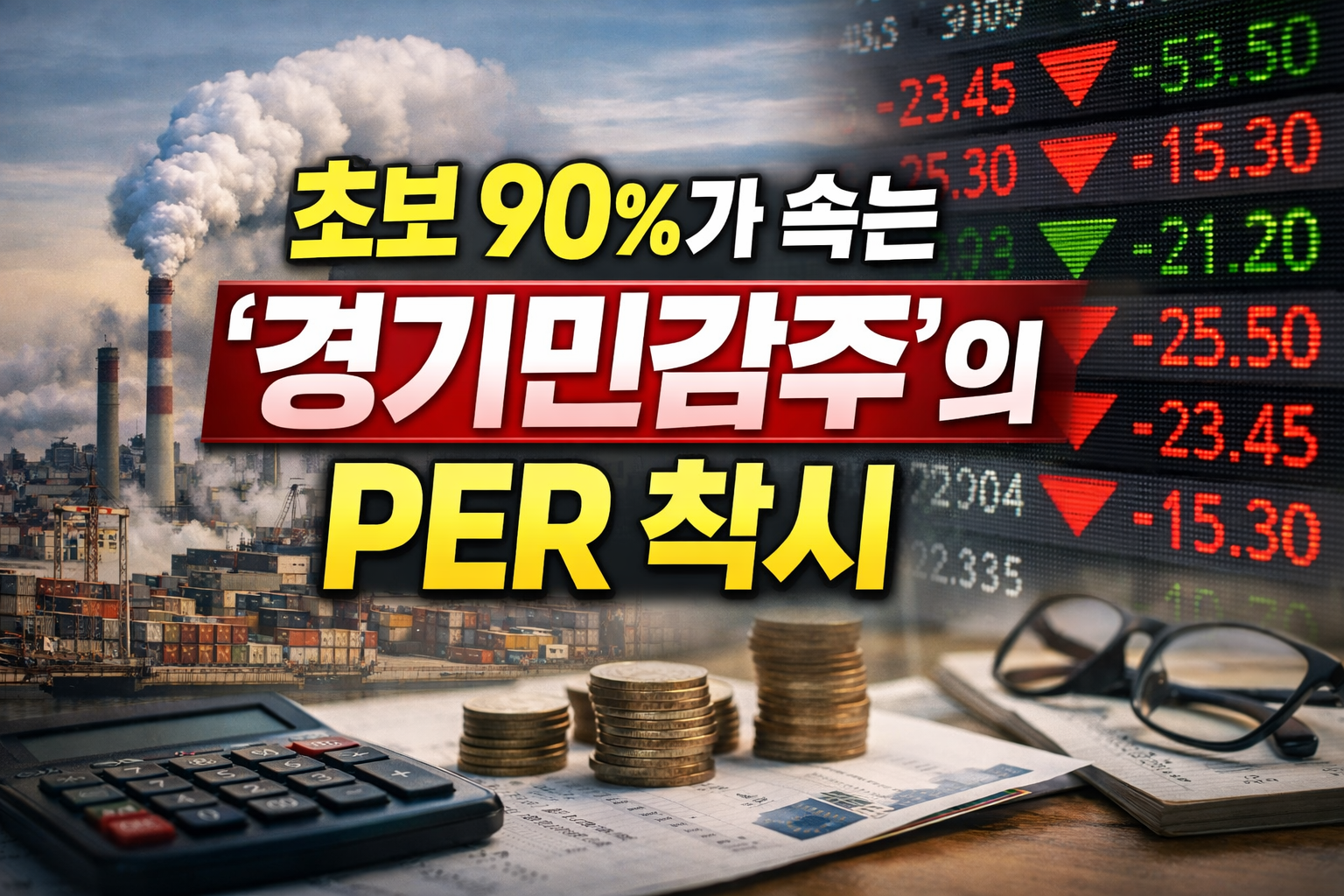 공장 굴뚝과 하락 수치가 표시된 주가 보드를 배경으로 ‘초보 90%가 속는 경기민감주의 PER 착시’ 문구가 있는 이미지