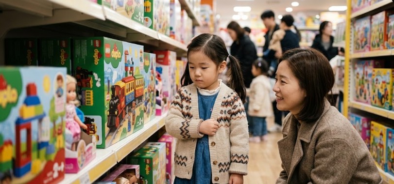 마트 장난감 코너에서 사고 싶은 마음을 조절하며 엄마의 설명을 진지하게 듣고 있는 5세 아이의 모습.