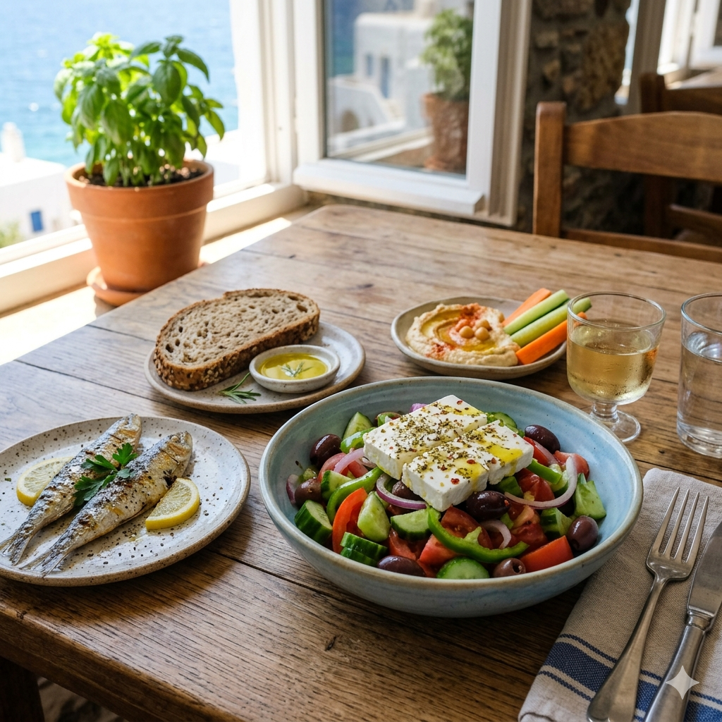 통밀빵과 야채, 레몬을 곁들인 생선구이, 두부 샐러드 등으로 구성된 지중해식 식단