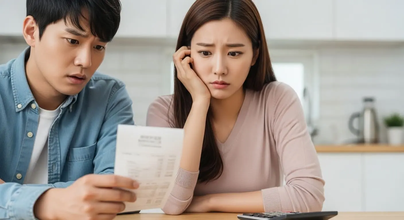 높은 RSV 예방접종 비용 청구서를 보며 걱정하는 한국인 부부의 모습.