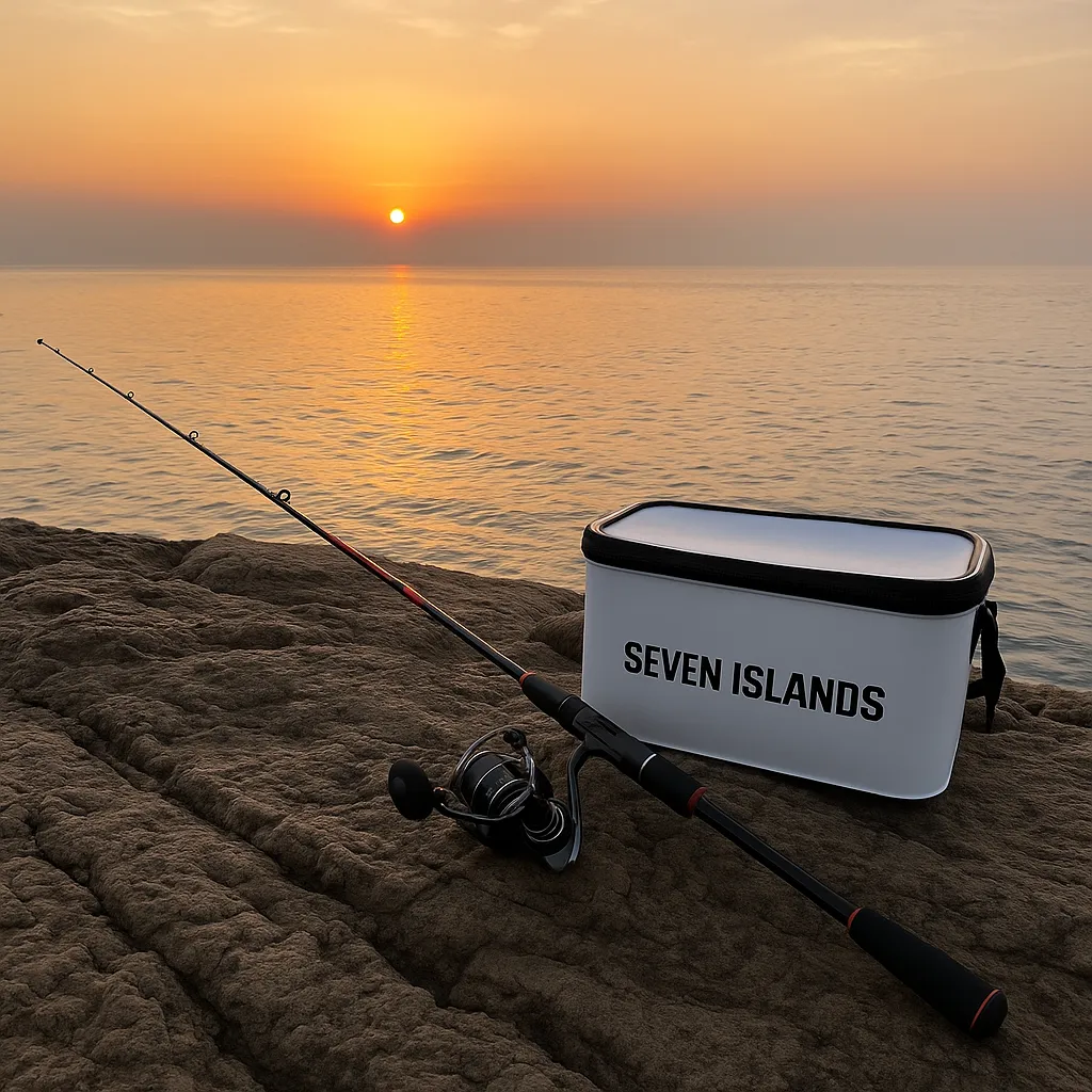 갯바위 위 에깅 로드와 이카백 옆으로 바다 위에 일출이 비치는 장면