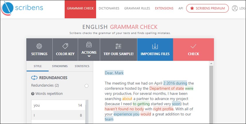 Scribens 홈페이지 첫 화면