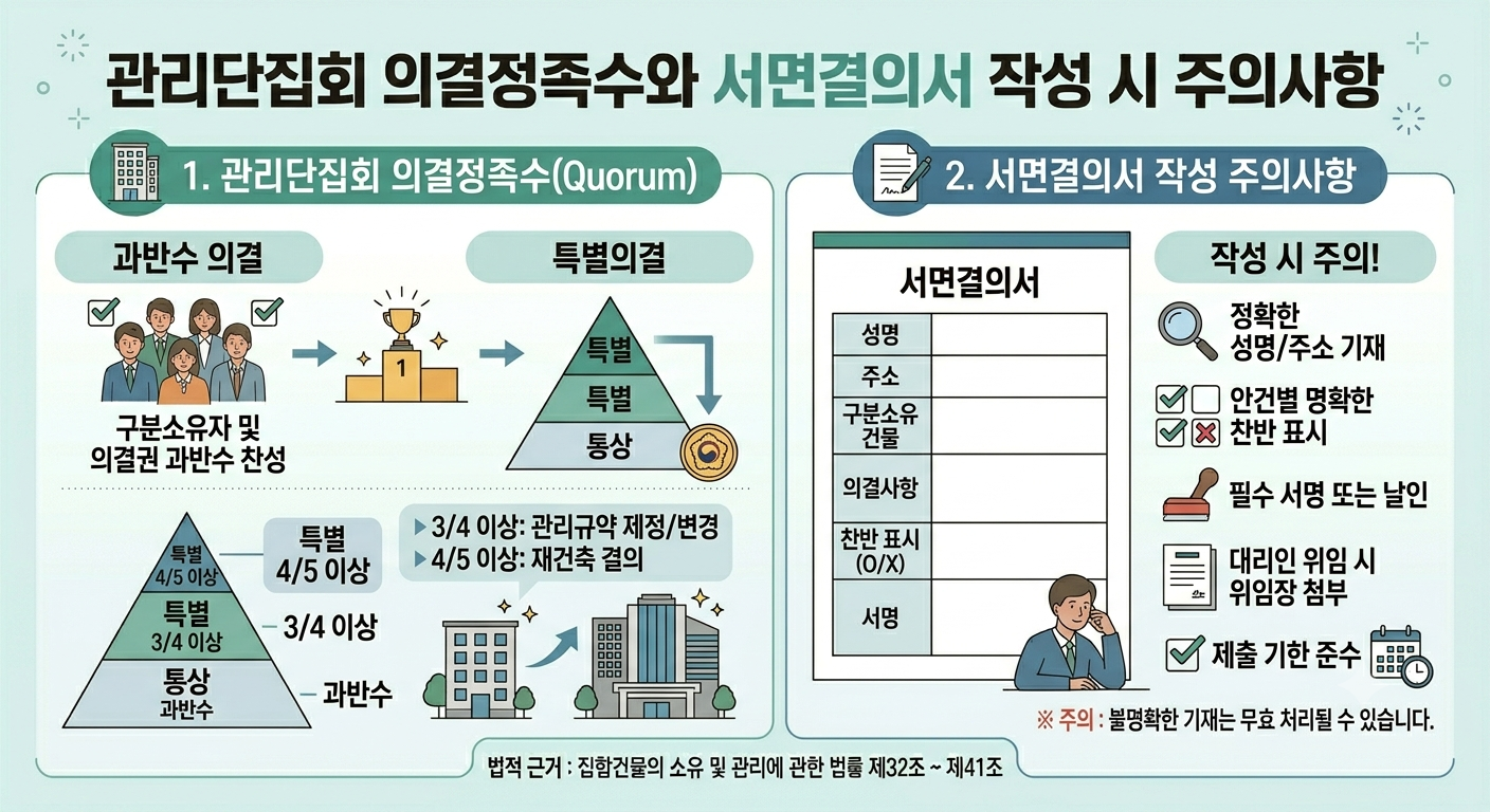 관리단집회 의결정족수와 시면결의서 작성시 주의사항