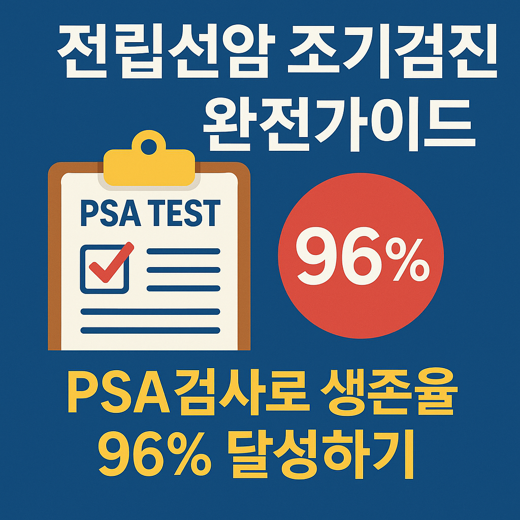 전립선암 조기검진 완전가이드 - PSA 검사로 생존율 96% 달성하기를 강조하는 썸네일 이미지